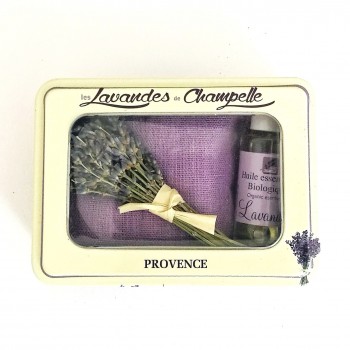 SCATOLA REGALO OLIO ESSENZIALE DI LAVANDA BIO, CUSCINO E BOUQUET